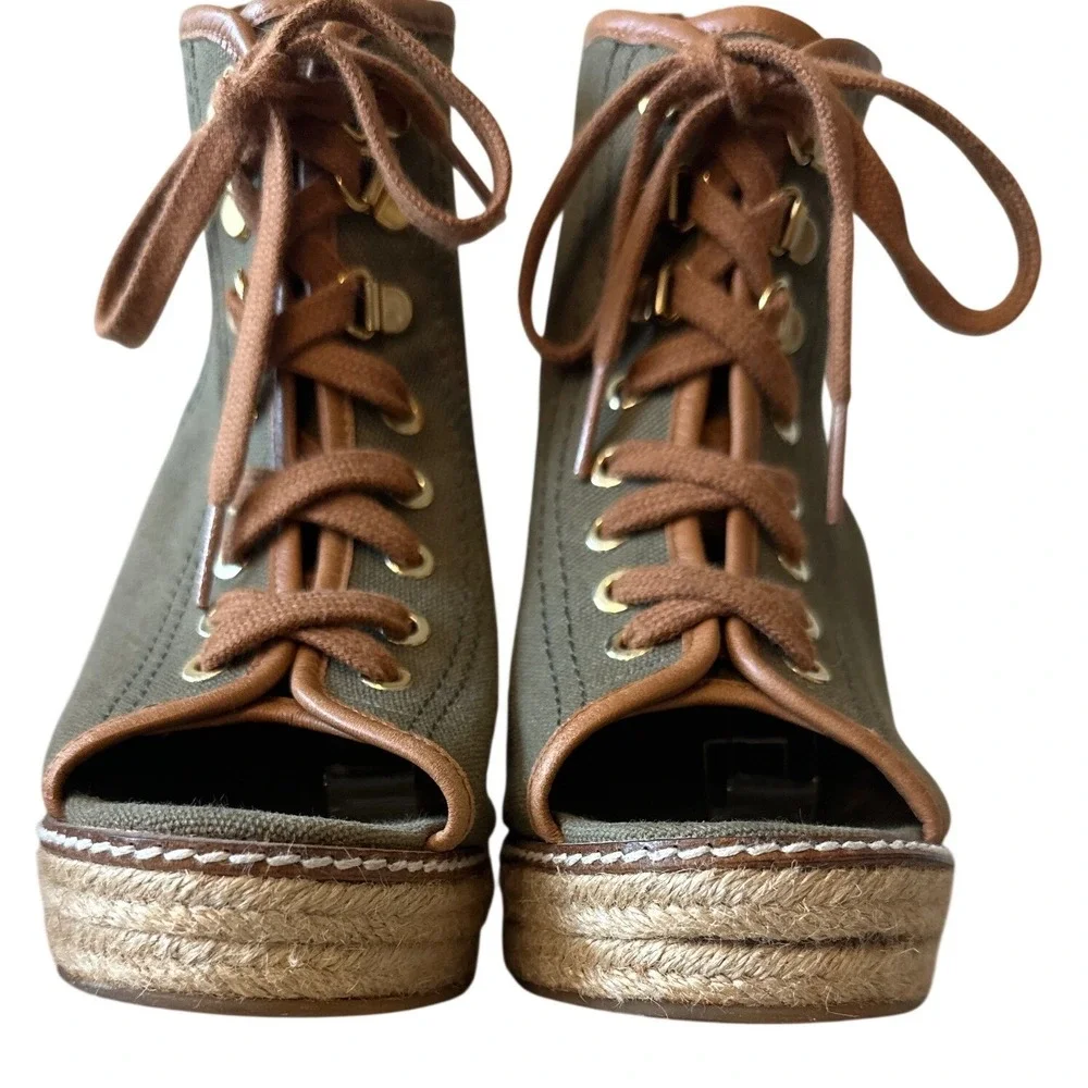 Tory‎ Burch Blair Wedge Lace Up Espadrilles Olive Canvas Size 8